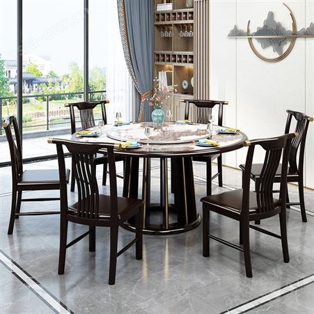 新中式实木大圆2m餐桌酒店电动圆型转盘大理石饭桌餐桌椅组合
